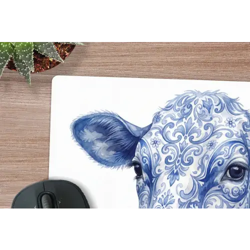 Illustratie - Koe - Blauw muismat rubber klein -closeup