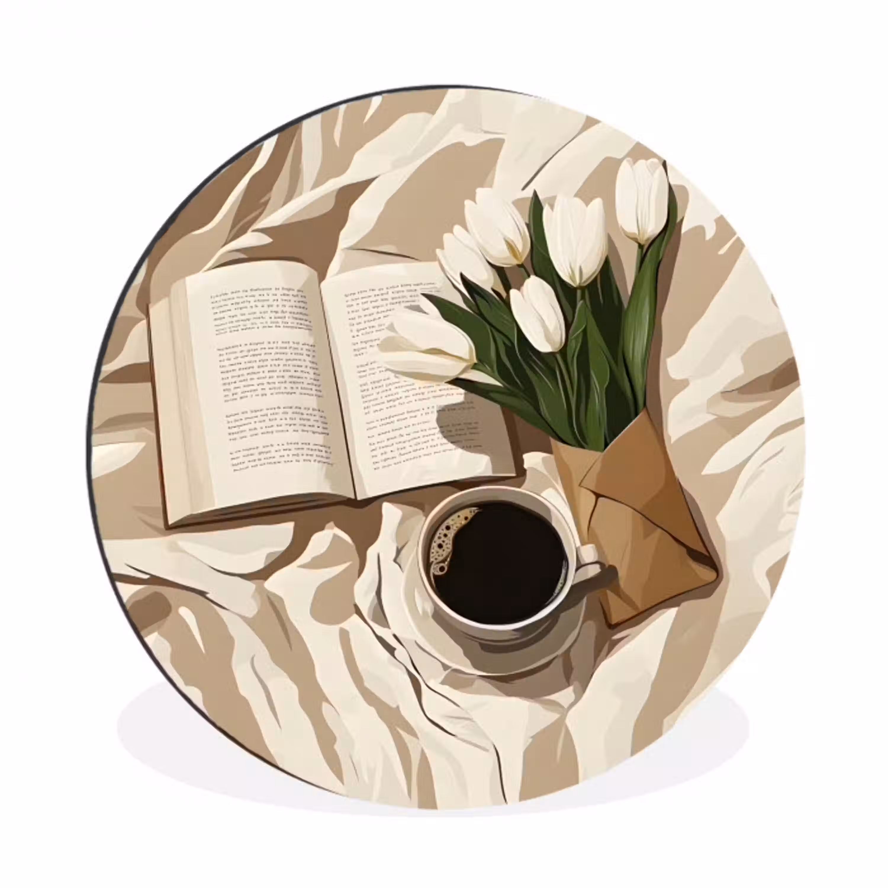 Boek - Illustratie - Tulpen - Koffie Wandcirkel aluminium klein -3d