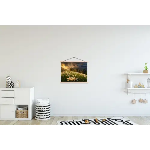 Bloemenveld - Heuvels - Zonsondergang - Berg - Natuur - Wit - Heuvels textielposter latten blank klein -kinderkamer