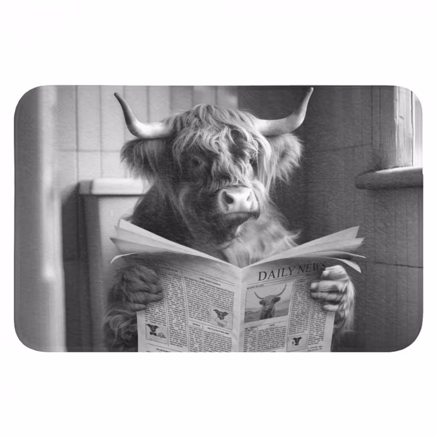 Badematte - Schottischer Highlander - Kuh - Zeitung - WC - Schwarz-Weiß