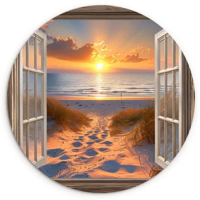 Doorkijk - Strand - Duinen - Zonsondergang Wandcirkel kunststof plaat 5mm dik klein -3d