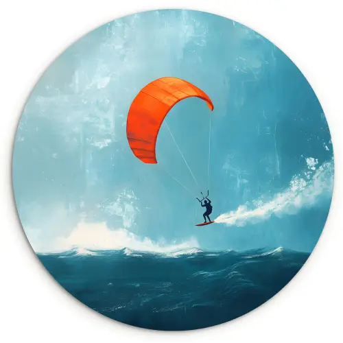 Kitesurfer - Oranje - Zee - Lucht Wandcirkel kunststof plaat 5mm dik klein -3d