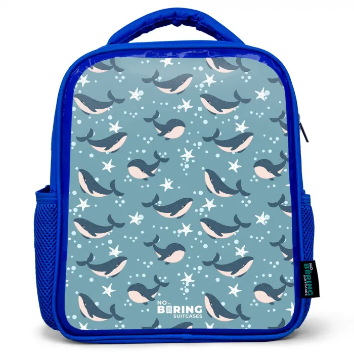 Donkerblauw walvissenpatroon met zeesterren Kinderrugzak - Blauw middel -3d