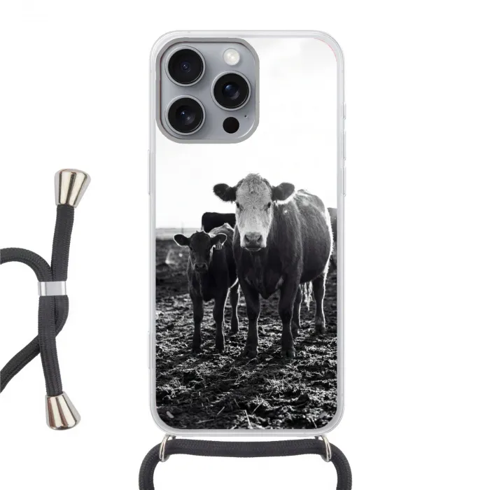 Koeien - Zwart - Wit Hoesje iPhone 16 Pro Max met koord klein -3d