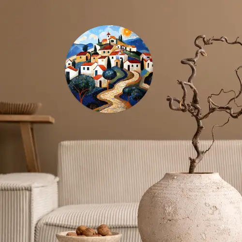 Dorp - Heuvelachtig - Zon - Mozaïek Wandcirkel behangsticker klein -sfeer1