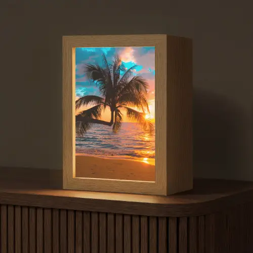 Palm - Zonsondergang - Horizon - Strand - Zee - Tropisch Light Box met kabel (Tafellamp) klein -z3d_website