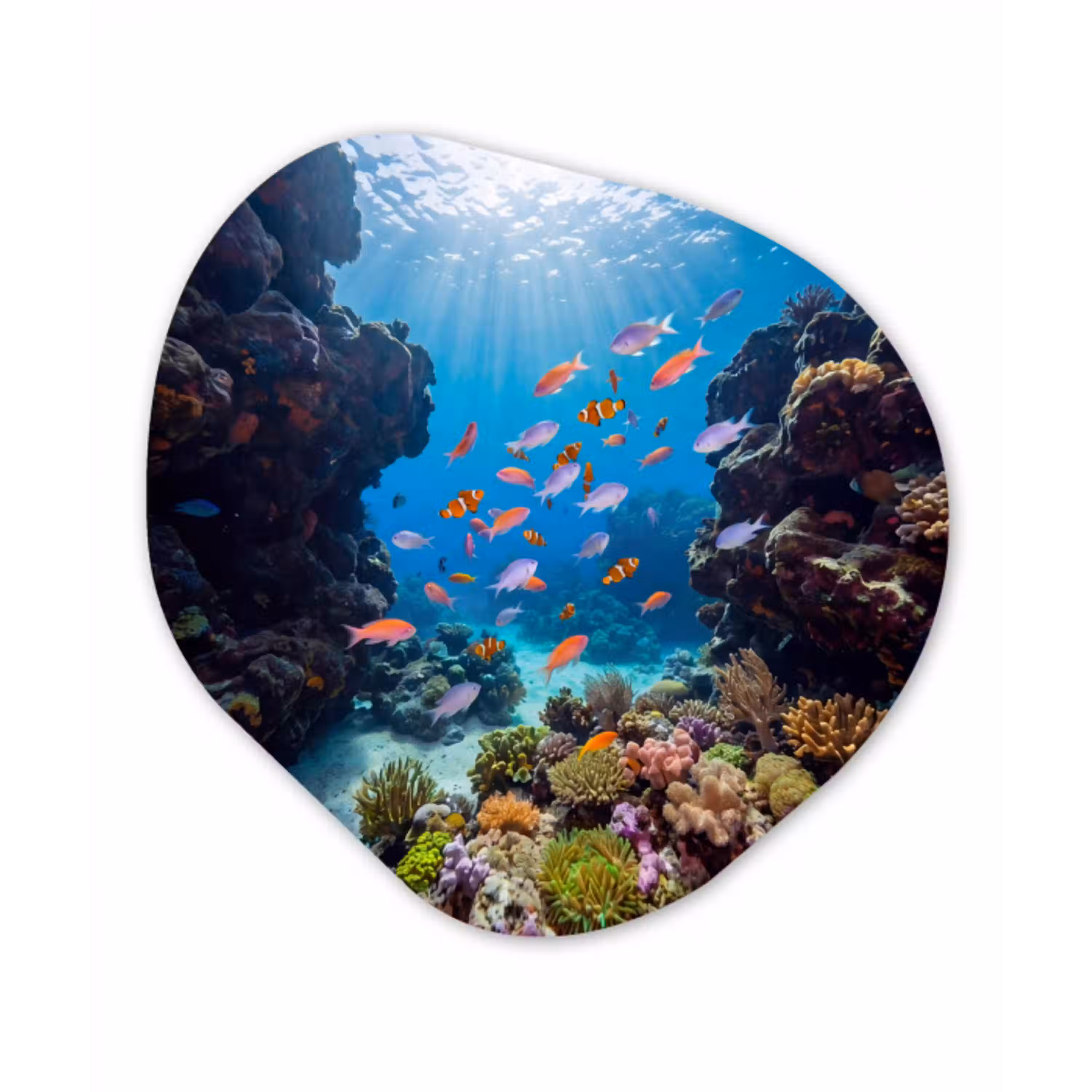 Vis - Koraalrif - Onderwater - Levendig - Blauw Wandcirkel Organisch Aluminium middel -3d