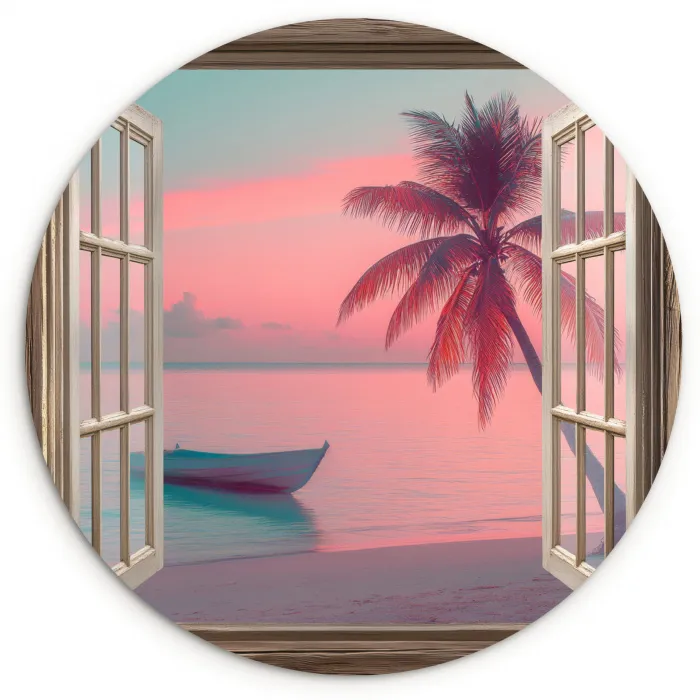 Doorkijk - Strand - Palmboom - Tropisch Wandcirkel kunststof plaat 5mm dik klein -3d