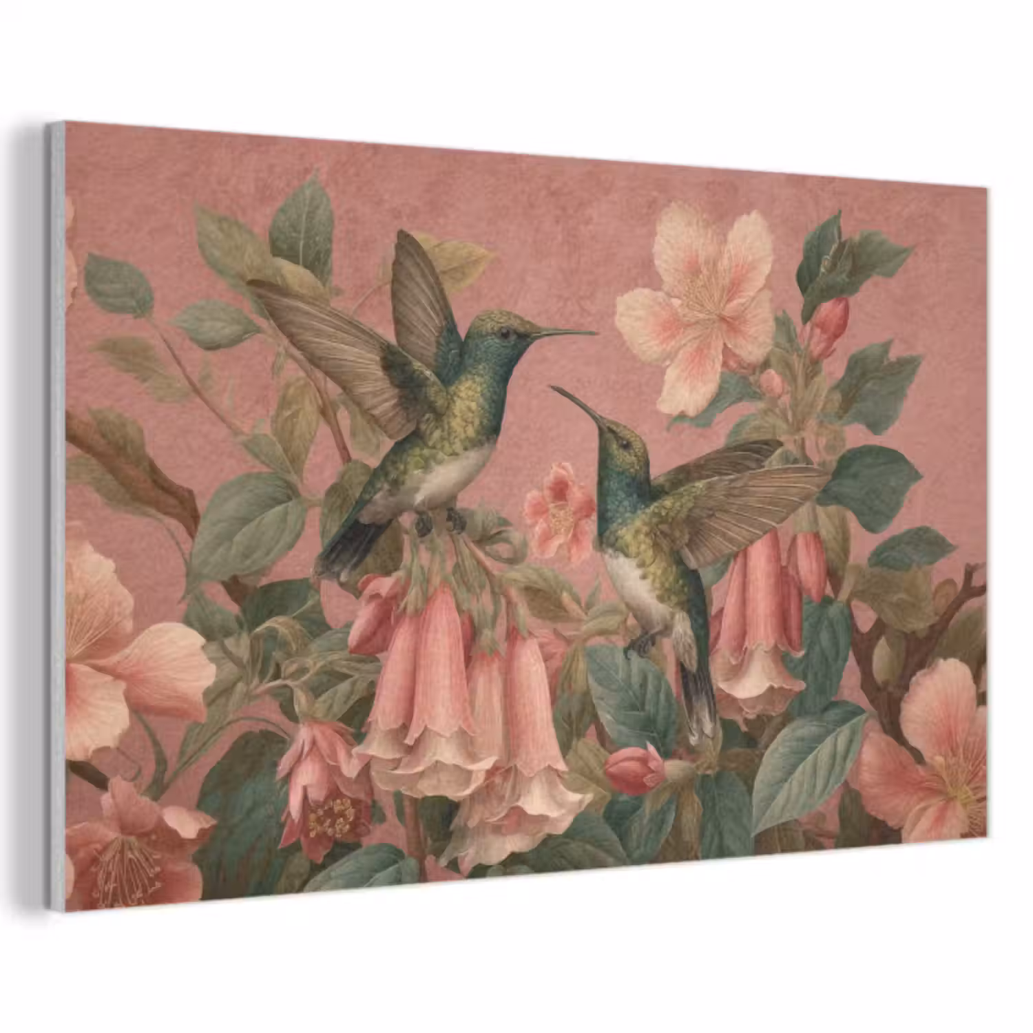 Akoestisch schilderij - Kolibries - Bloemen - Groen - Roze