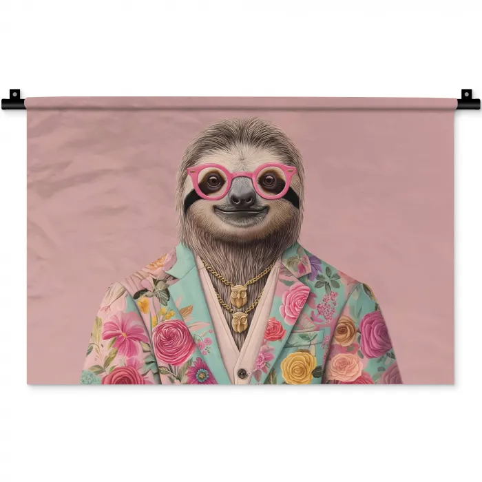 Luiaard - Bloemenprint - Bril - Roze Wandkleed katoen klein -zz3d