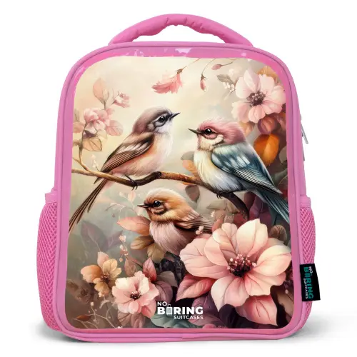 Vogels met roze bloemen Kinderrugzak - Roze middel -3d