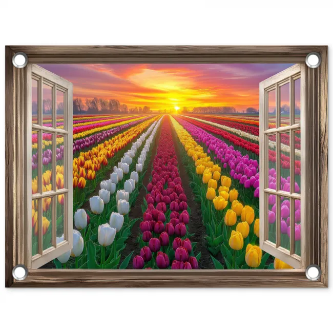 Doorkijk - Bloemen - Tulpen - Kleurrijk - Zonsondergang tuinposter los doek klein -3d