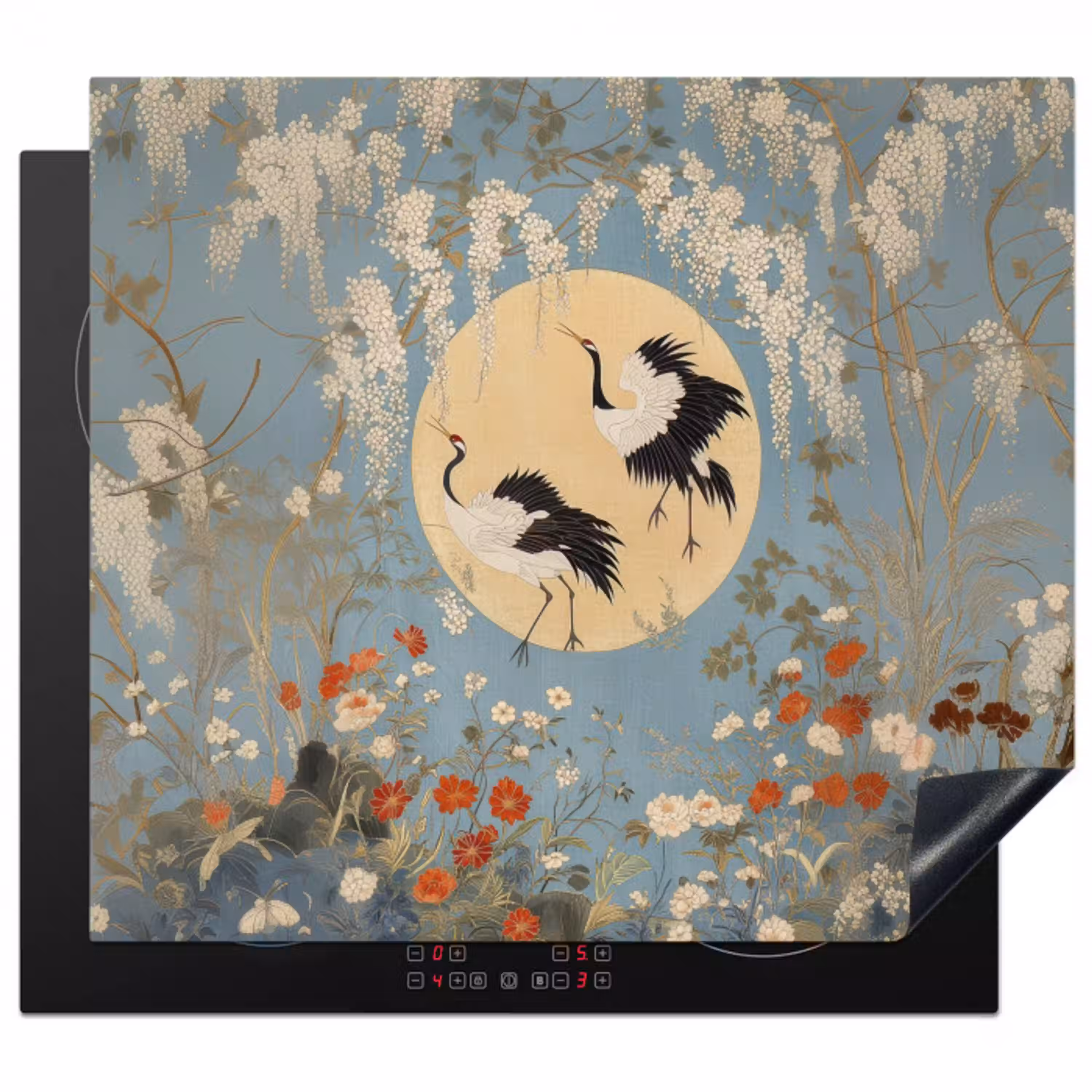 Kraanvogels - Maan - Bloemen - Blauw Inductie beschermer vinyl 3mm middel -3d