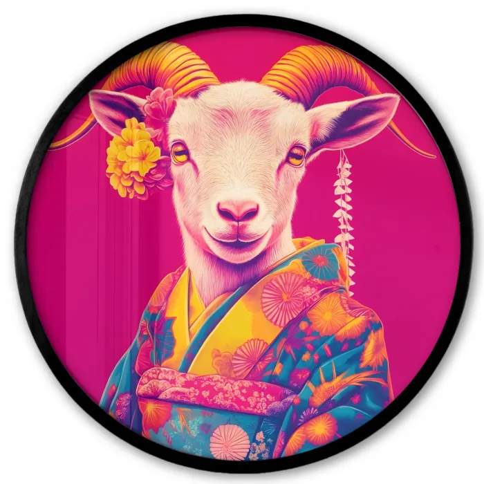 Geit - Hoorns - Kimono - Kleurrijk Fotolijst rond zonder passe partout klein -3d