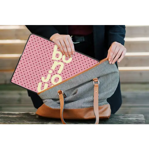 Bonjour - Stippen - Roze- Geel laptophoes neopreen klein -tas