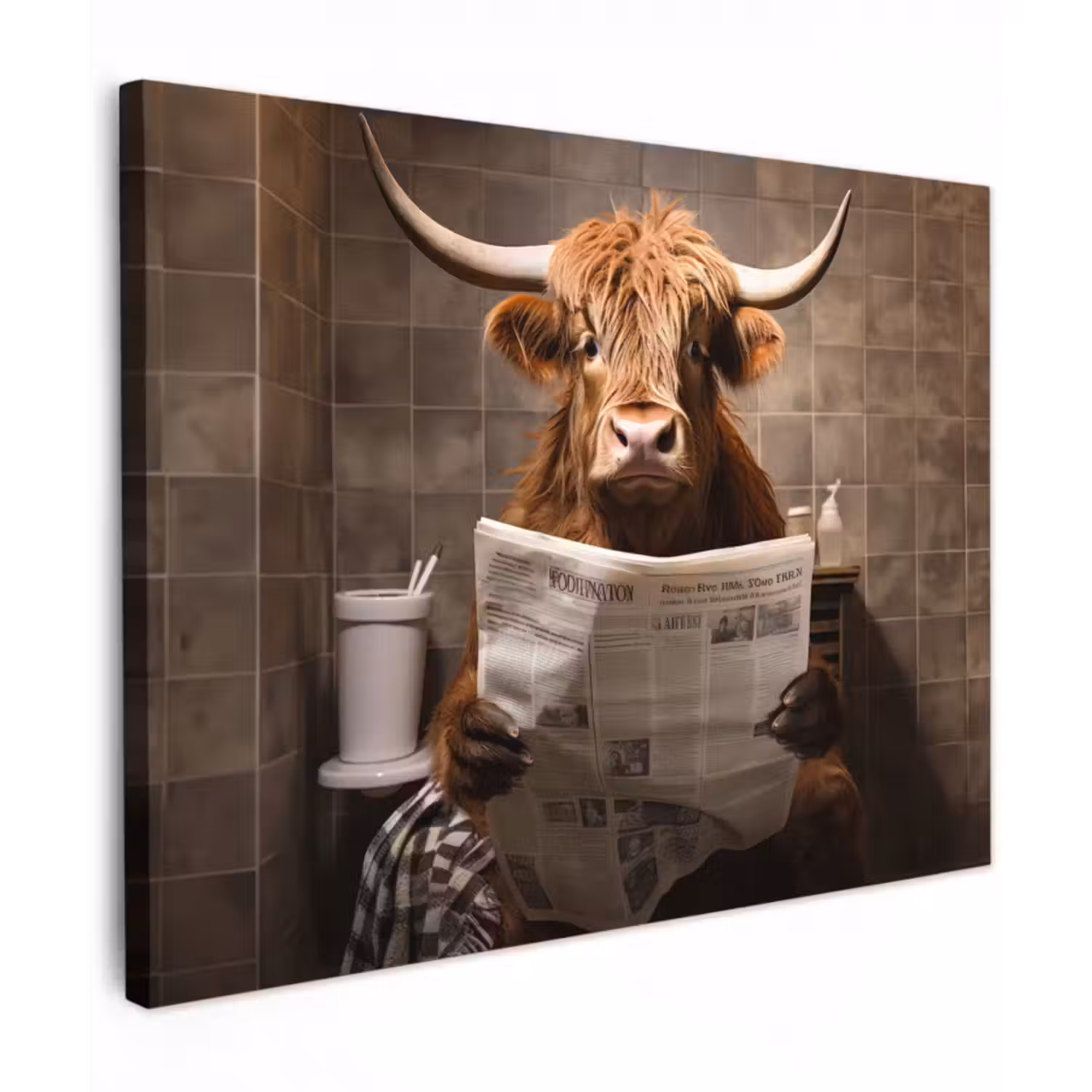 Leinwandbild - Schottische Highlander - Zeitung - Toilette