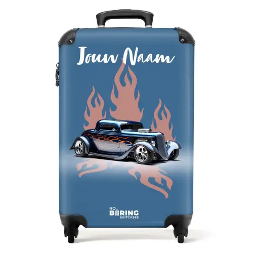 Blauwe auto met roze vlammen NBS - Handbagage koffer - Kinderen Unisex middel -productfoto_recht
