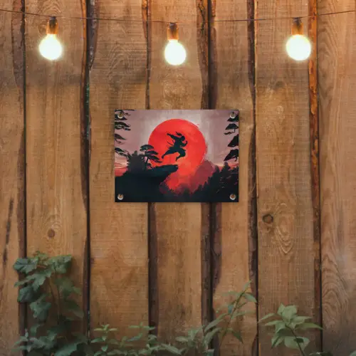 Zon - Krijger - Bomen - Bergen tuinposter los doek klein -sfeer1