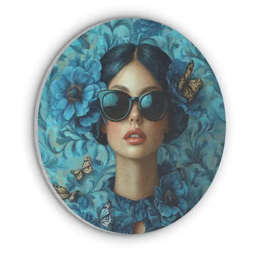 Vrouw - Bloemen - Vlinders - Blauw - Abstract Akoestische PET Vilt - Rond klein -3d
