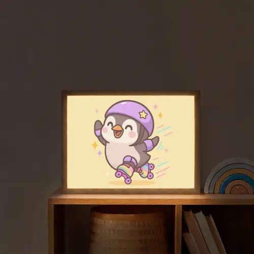 Pinguïn - Rolschaatsen - Geel - Energiek Light Box met batterij (Wandlamp kind) middel -sfeer1_kind