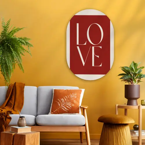 Love - Rood - Minimalistisch Wandcirkel Ovaal Glas middel -sfeer4