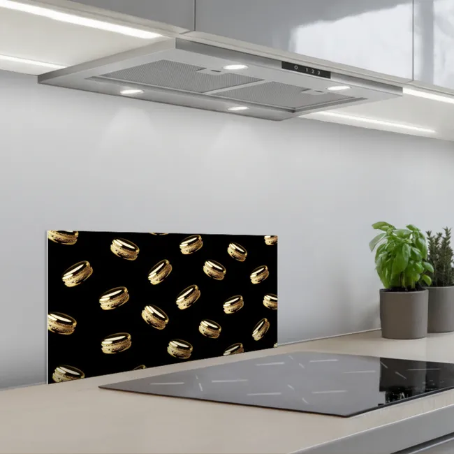 Macarons - Patroon - Goud - Zwart keuken achterwand spatscherm klein -3d_schuin