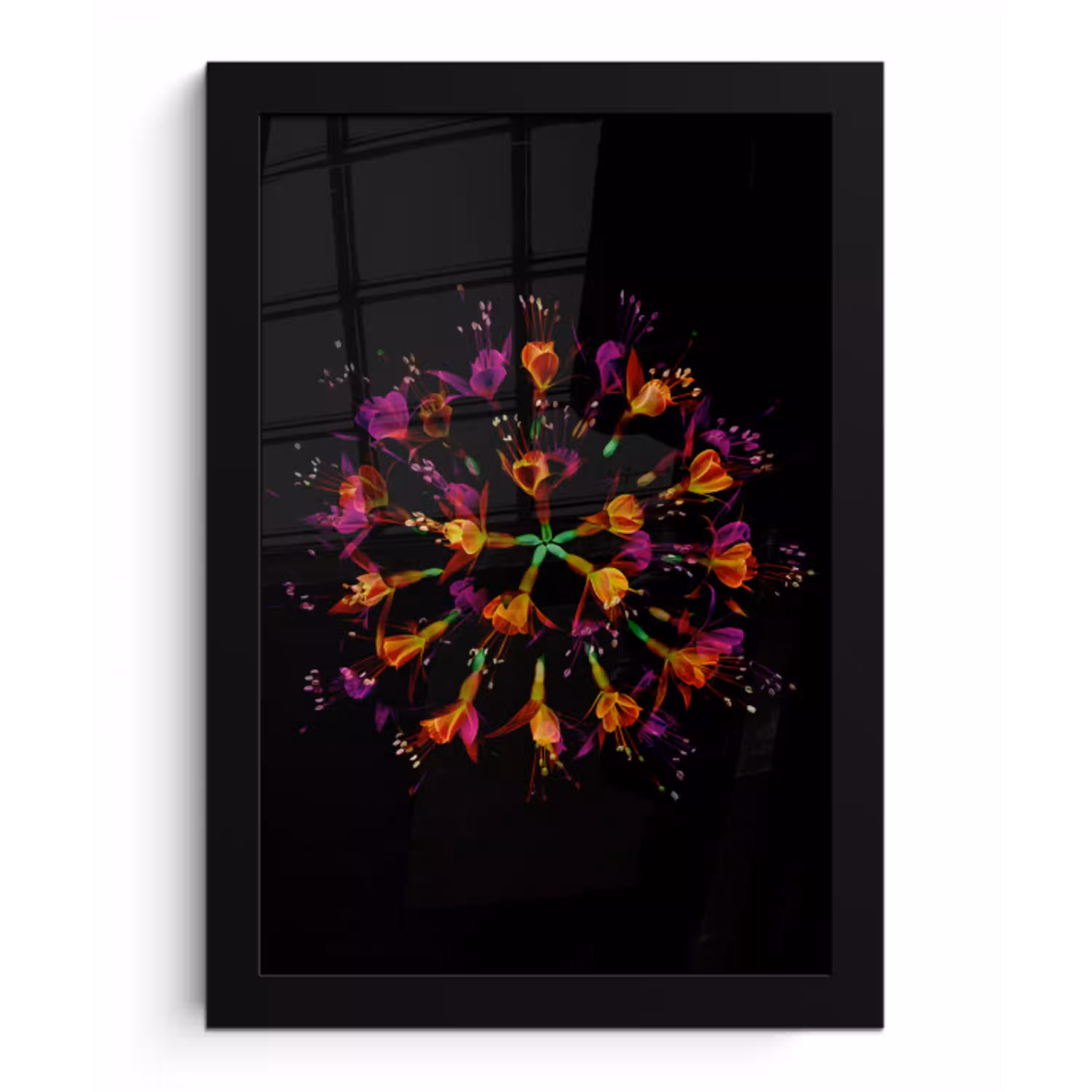 Bloemen - Oranje - Roze - Zwart fotolijst zwart zonder passe partout klein -3d