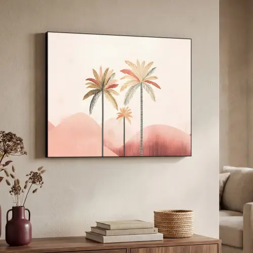 Palmbomen - Heuvels - Minimalistisch - Zachtroze Textielframe - compleet frame klein -sfeer3