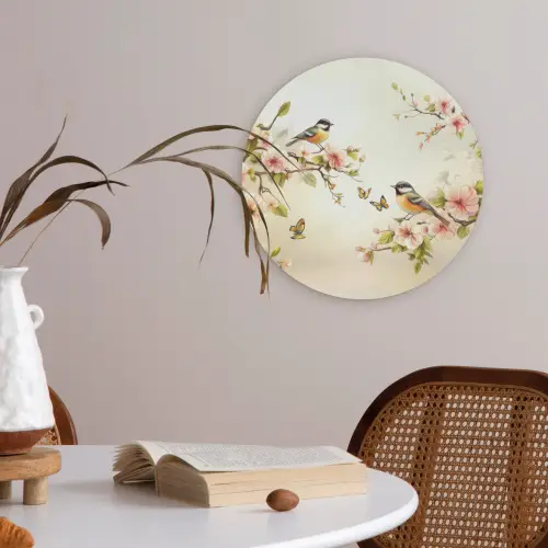Takken - Bloemen - Vogeltjes - Roze Akoestische PET Vilt - Rond klein -sfeer3