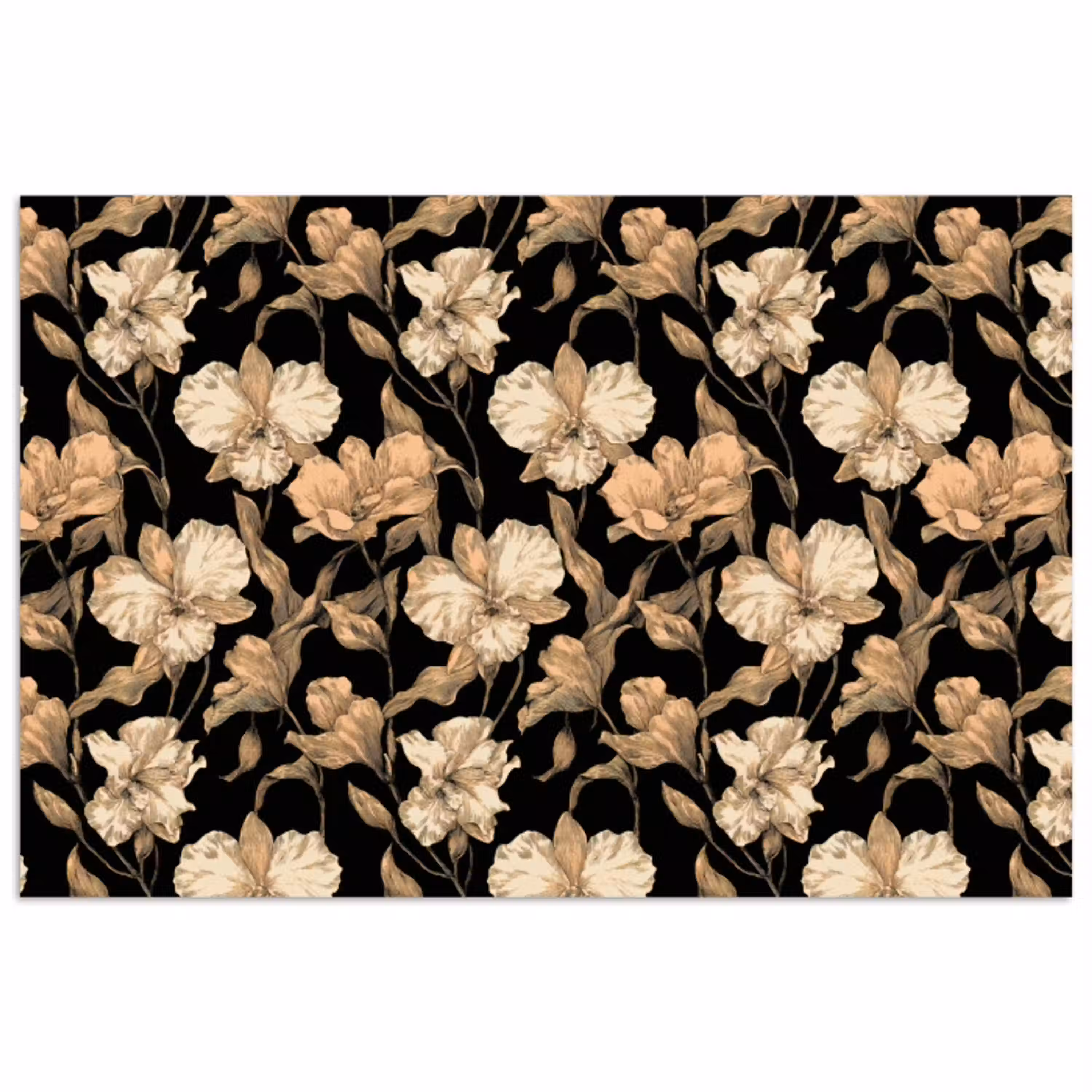Orchideeën - Lijntekening - Patroon - Beige - Zwart poster papier klein 62 -3d