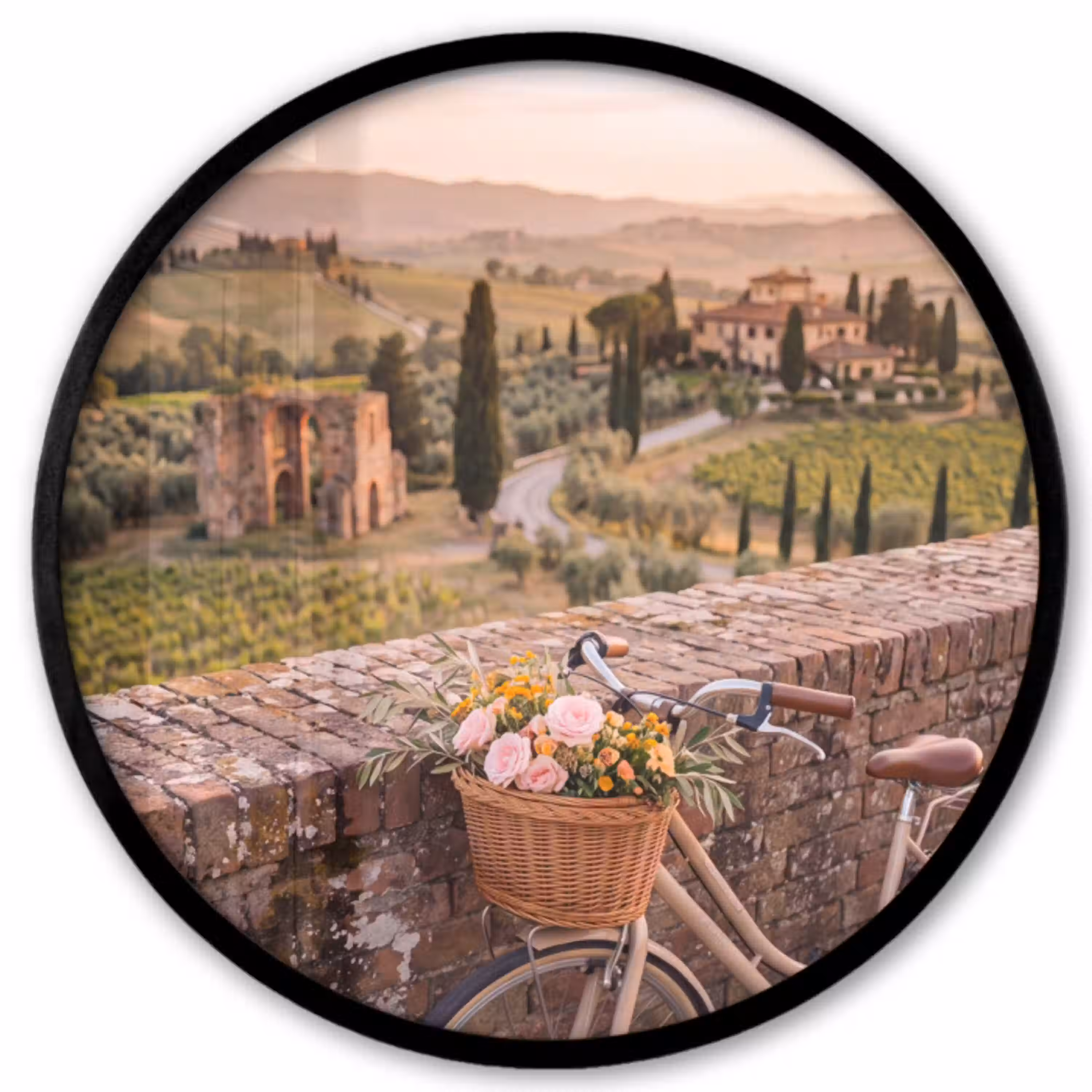 Fiets - Bloemen - Toscane - Landschap - Roze Fotolijst rond zonder passe partout klein -3d