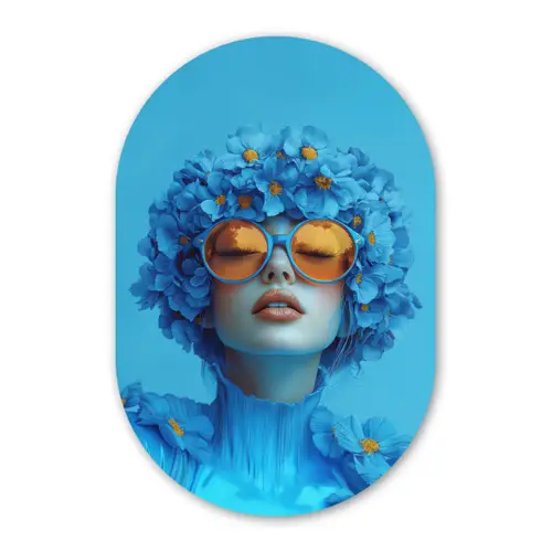 Vrouw - Bloem - Blauw - Modern - Bril - Portret Wandcirkel Ovaal Forex klein -3d