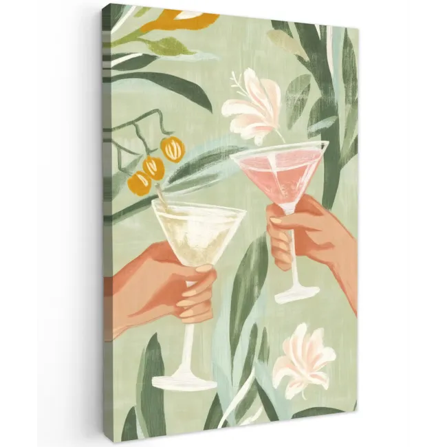 Glazen - Proosten - Bladeren - Groen Tuinposter op houten frame 2 cm dik klein -3d