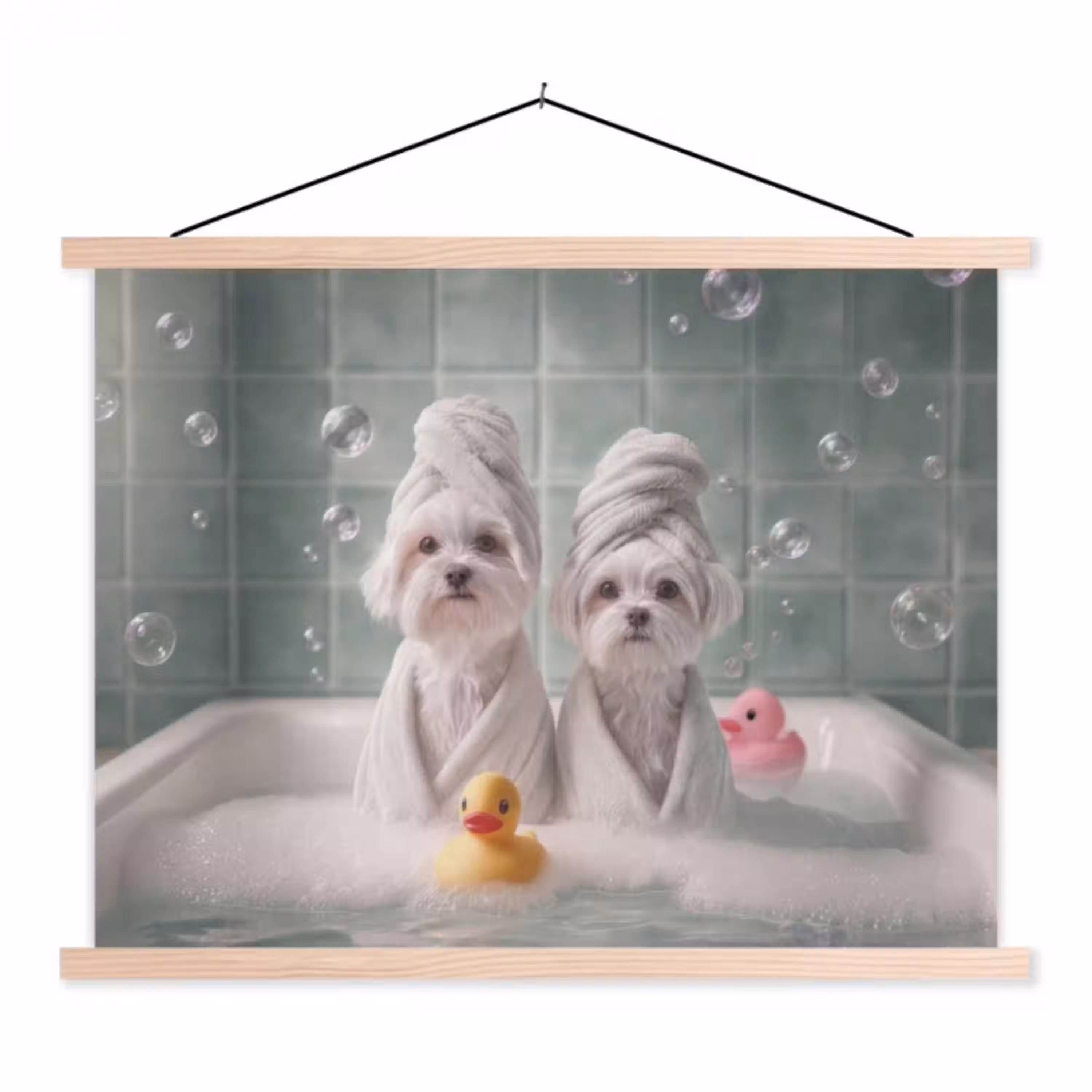 Hondjes - Badkuip - Badeendjes - Handdoeken textielposter latten blank klein -3d