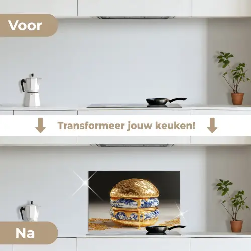 Delftsblauw - Goud - Burger keuken achterwand spatscherm klein -voor_na_NL