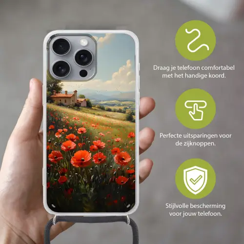 Klaprozen - Rood - Heuvels - Landschap Hoesje iPhone 16 Pro Max met koord klein -sfeer2_NL