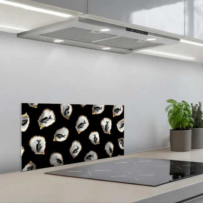 Oesters - Zwart - Vissen - Goud keuken achterwand spatscherm klein -3d_schuin