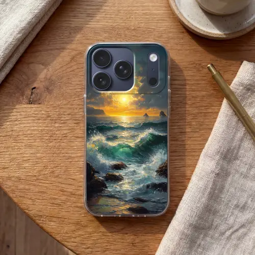 Zee - Zon - Golven - Rotsen Telefoonhoesje iPhone 17 Pro klein -sfeer1