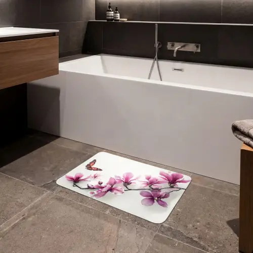 Bloesem - Vlinder - Roze - Natuur - Wit Badmat klein -sfeer3