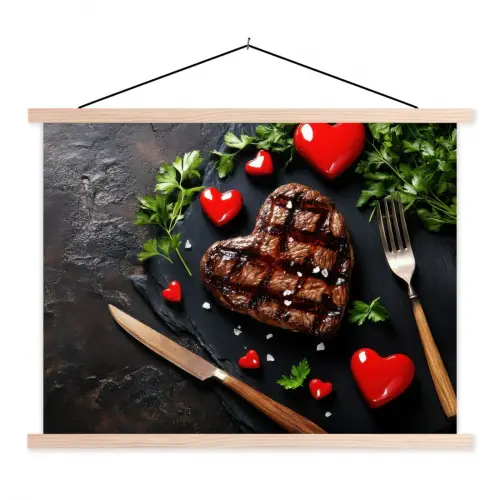 Steak - Hart - Bestek textielposter latten blank klein -3d