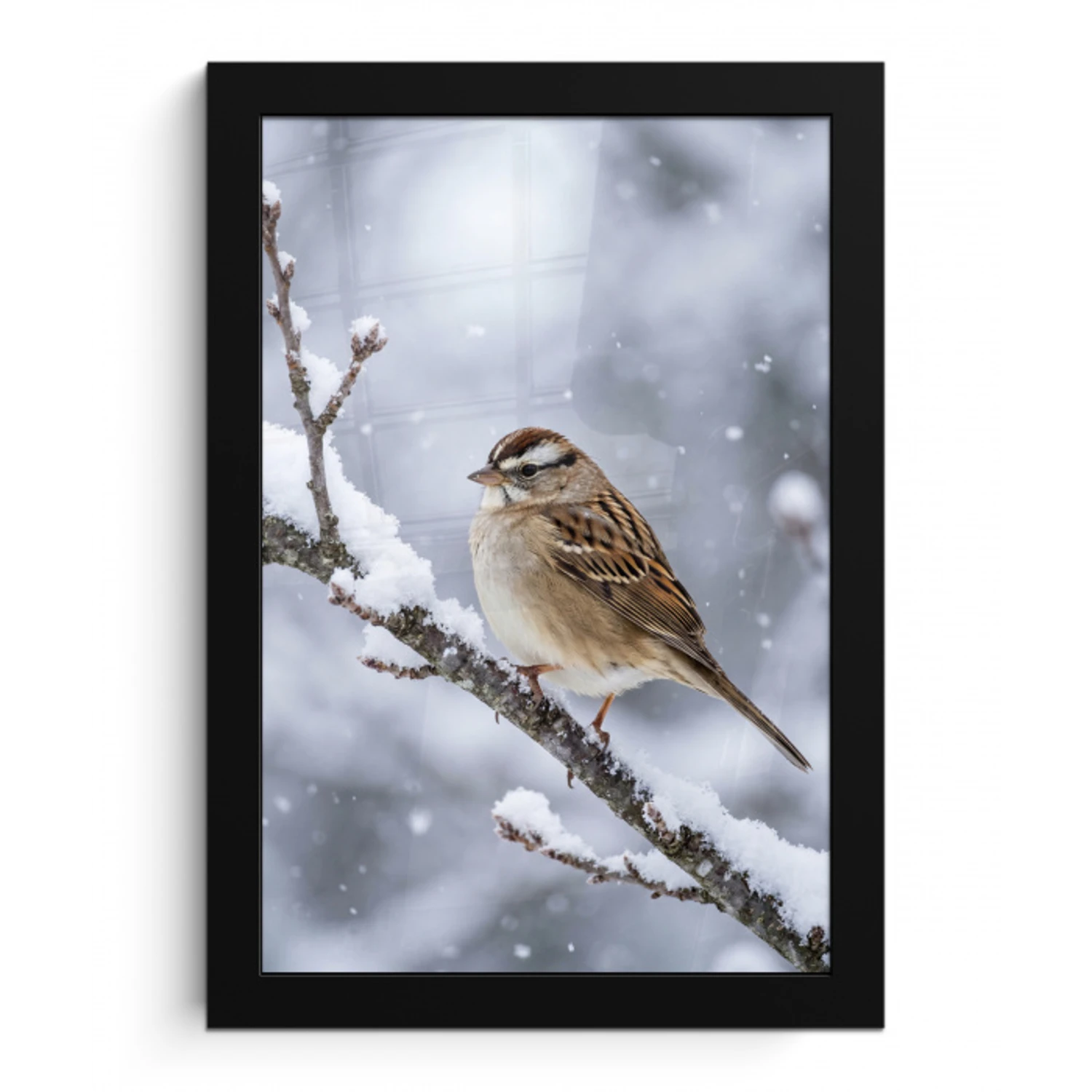 Vogel - Tak - Sneeuw - Winter fotolijst zwart zonder passe partout klein -3d
