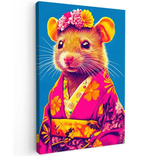 Muis - Kimono - Bloemen - Blauw canvas 2cm klein -z3d