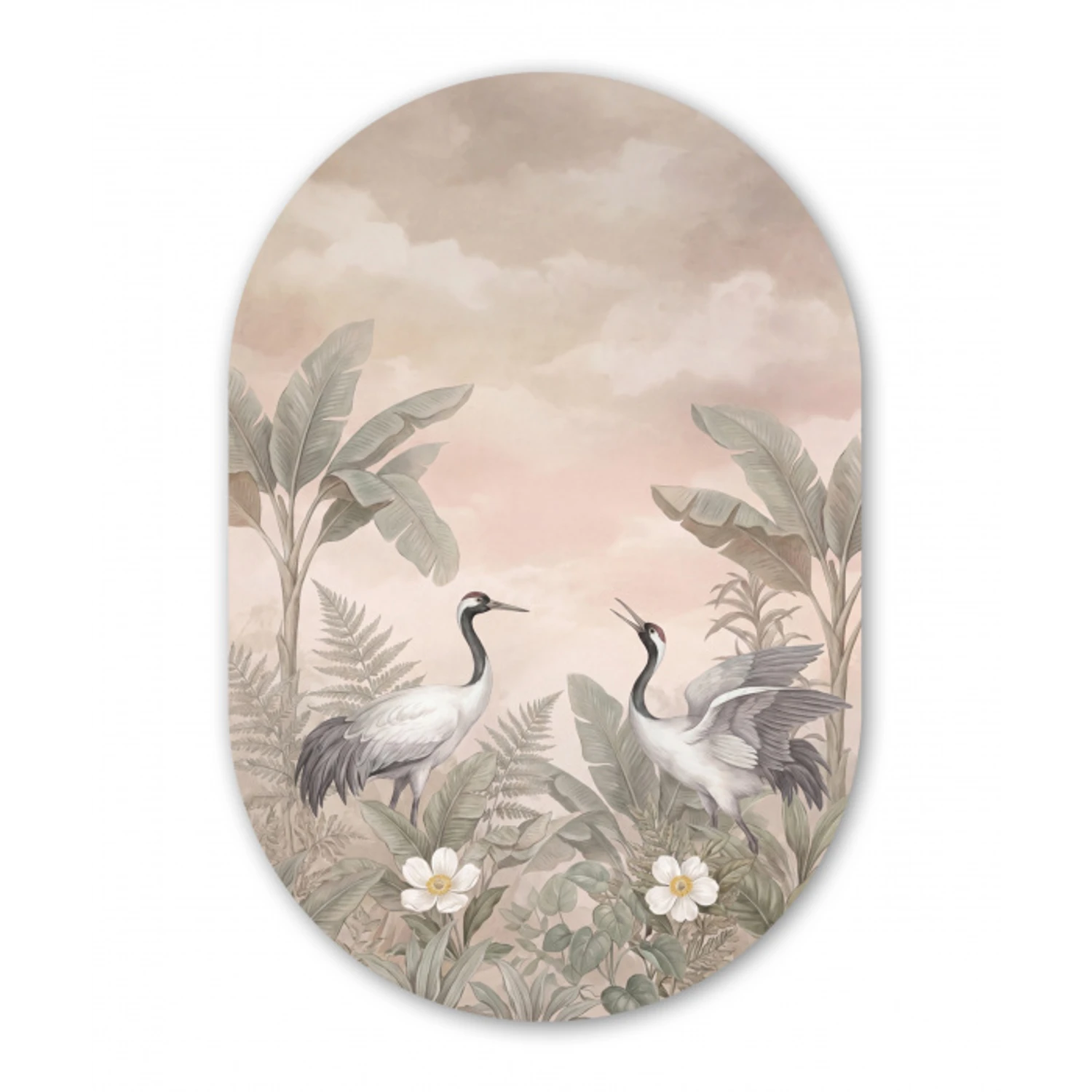 Kraanvogels - Natuur - Roze Wandcirkel Ovaal Aluminium middel -3d
