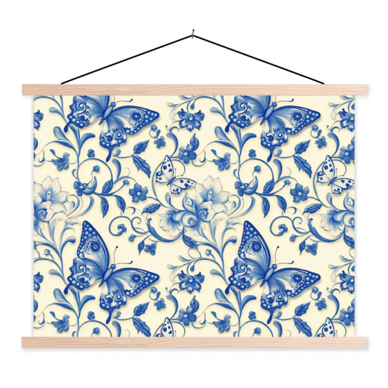 Vlinders - Bloemen - Blauw - Botanisch textielposter latten blank klein 122 -3d