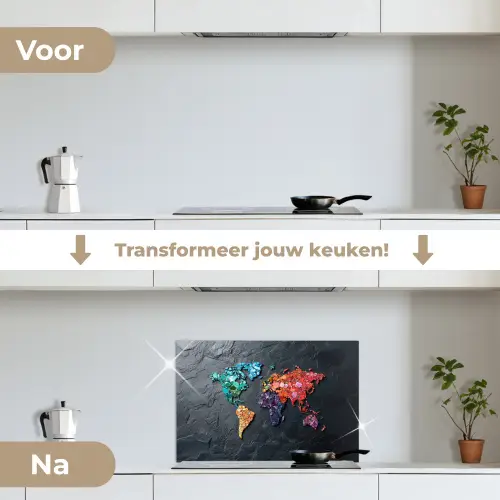 Wereldkaart - Edelstenen - Regenboog - Ruw keuken achterwand spatscherm klein -voor_na_NL