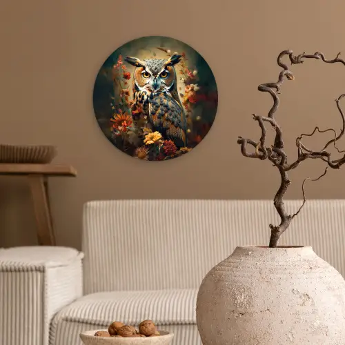 Uil - Vogel - Bloemen - Planten - Botanisch Wandcirkel kunststof plaat 5mm dik klein -sfeer1
