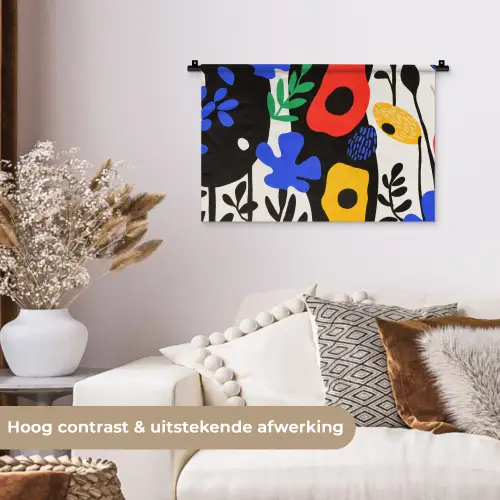 Bloemen - Bladeren - Abstract - Zwart Wandkleed katoen klein -sfeer1