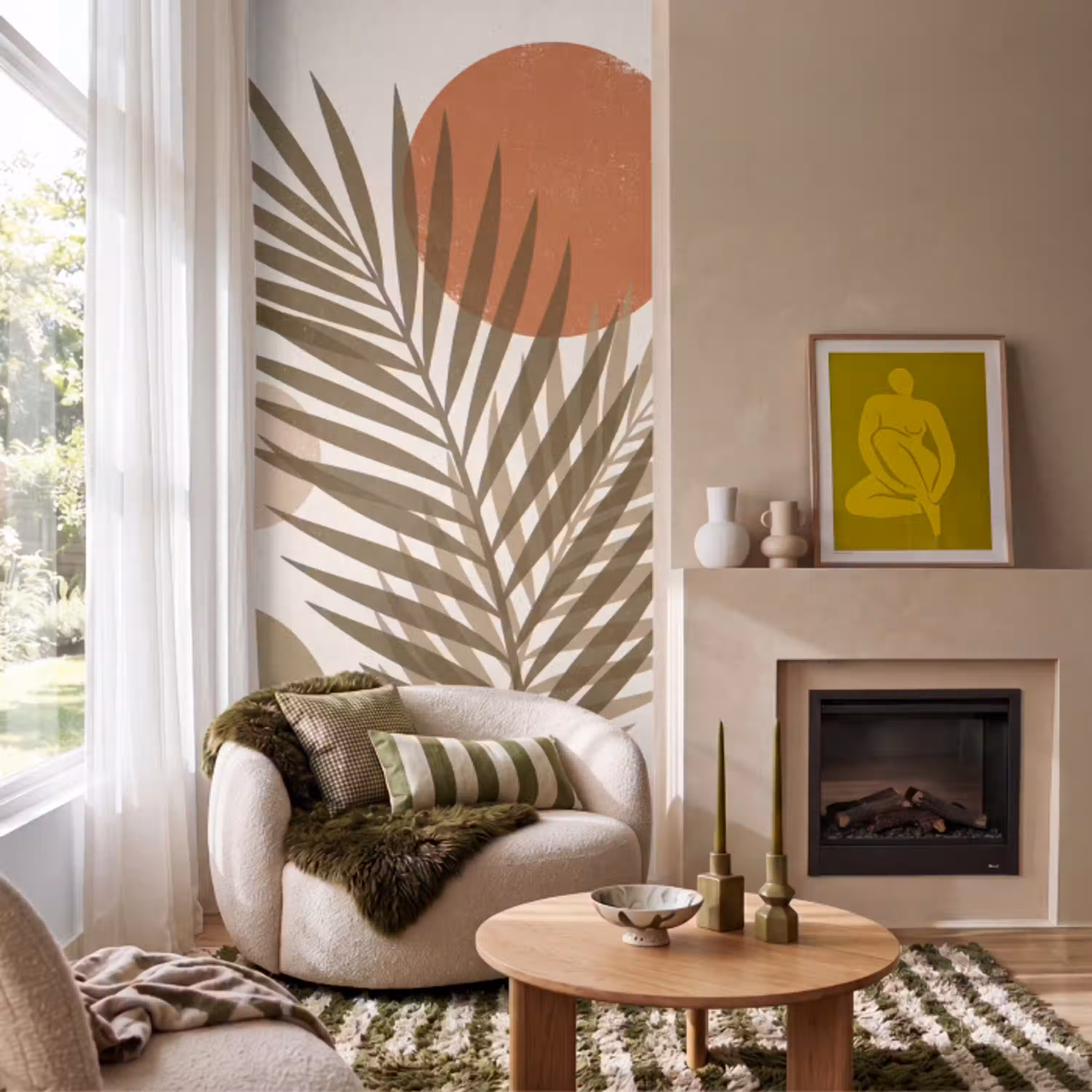 Planten - Bladeren - Abstract - Modern - Beige Behang Vlies klein -sfeer2
