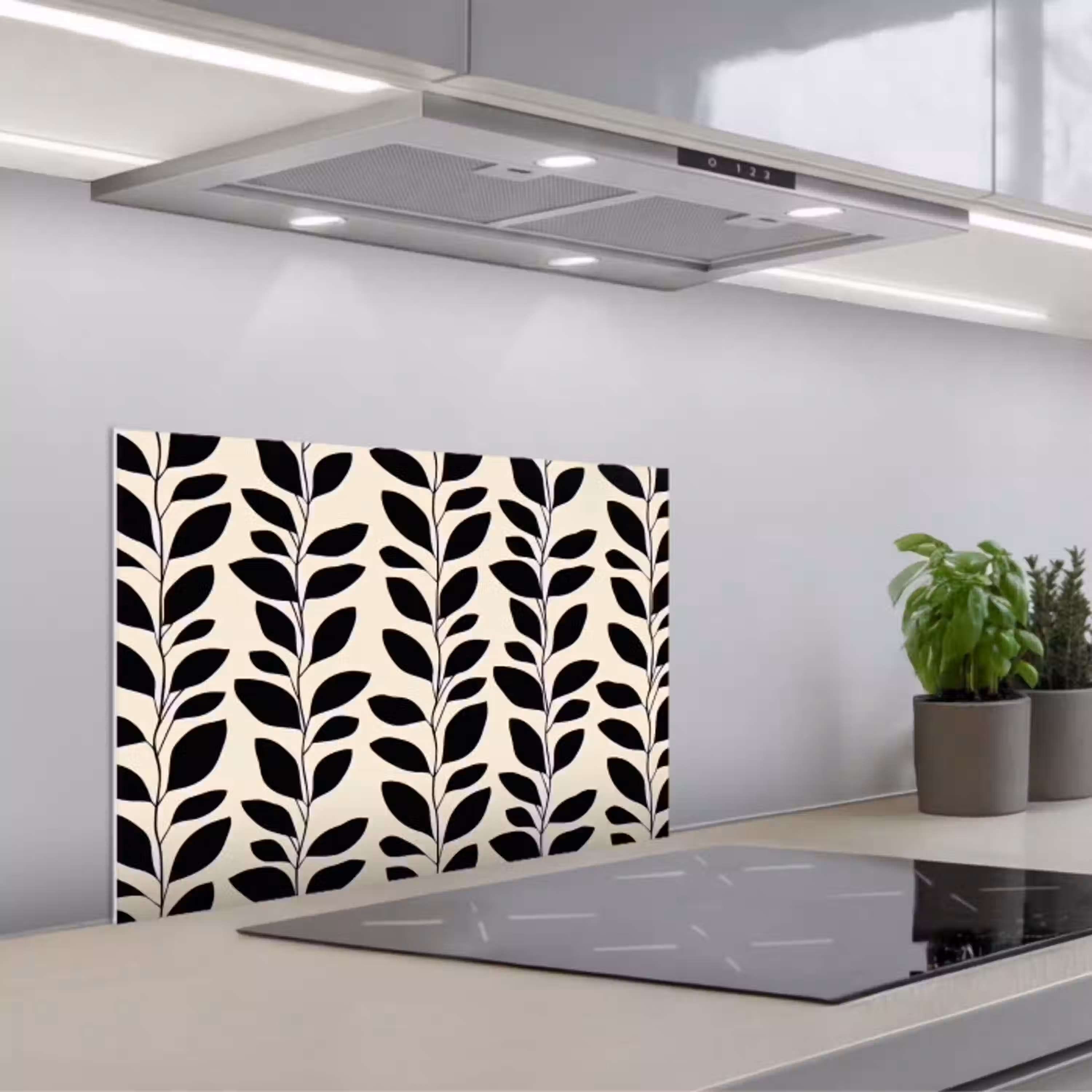 Botanisch - Dessin - Zwart - Beige keuken achterwand spatscherm klein 900 -3d_schuin