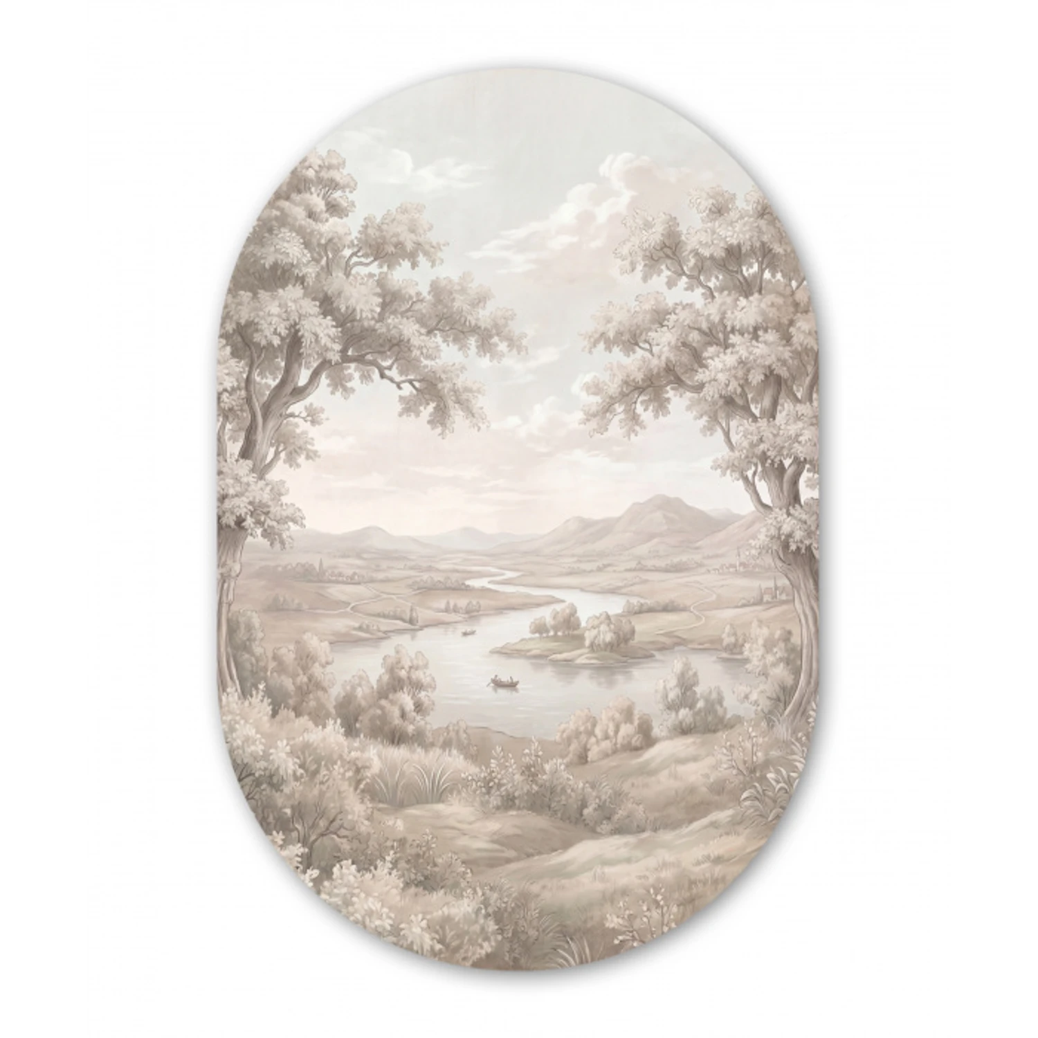 Rivierlandschap - Bergen - Natuur - Vintage - Beige Wandcirkel Ovaal Aluminium middel -3d
